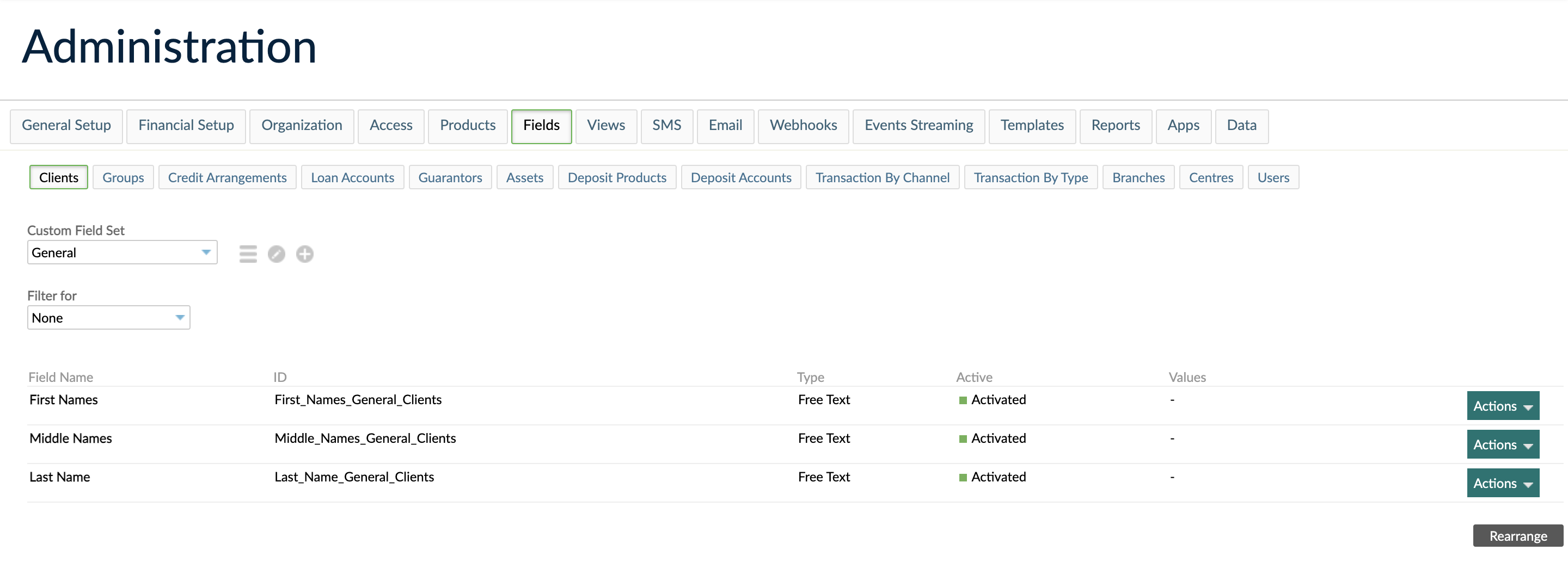 Administration screen with Fields tab selected
